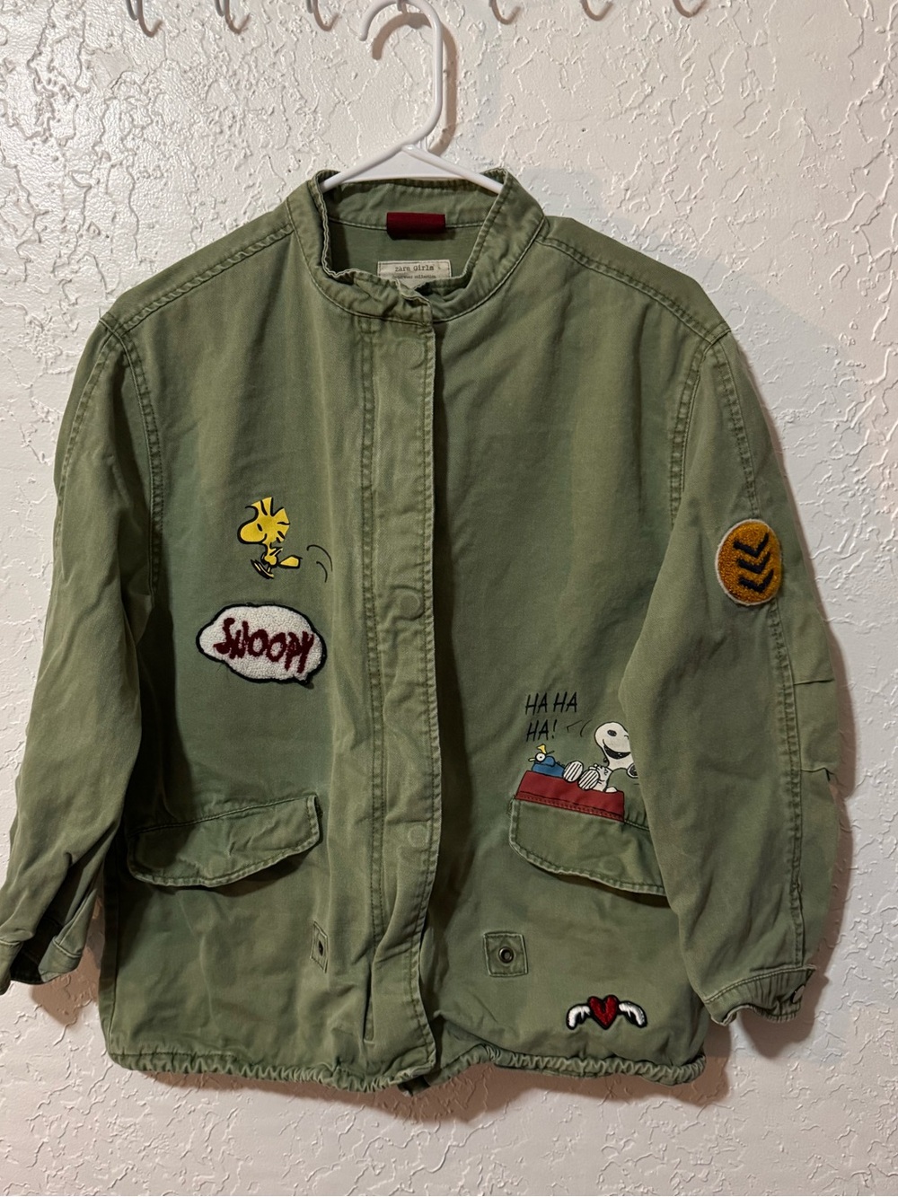 Zara Girls Peanuts Snoopy & Woodstock Green Military Jacket Youth 13/14